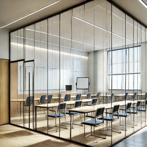 DALL·E 2025-01-29 23.32.44 - A modern classroom with glass partitions, featuring a bright and open design. The partitions are sleek, transparent, and framed with aluminum, allowin